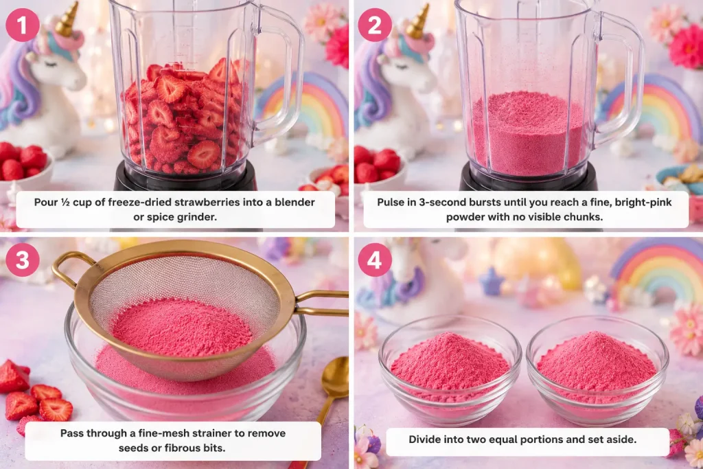 Fluffy pink strawberry whipped cream in a bowl, ready to top a unicorn lemonade glass