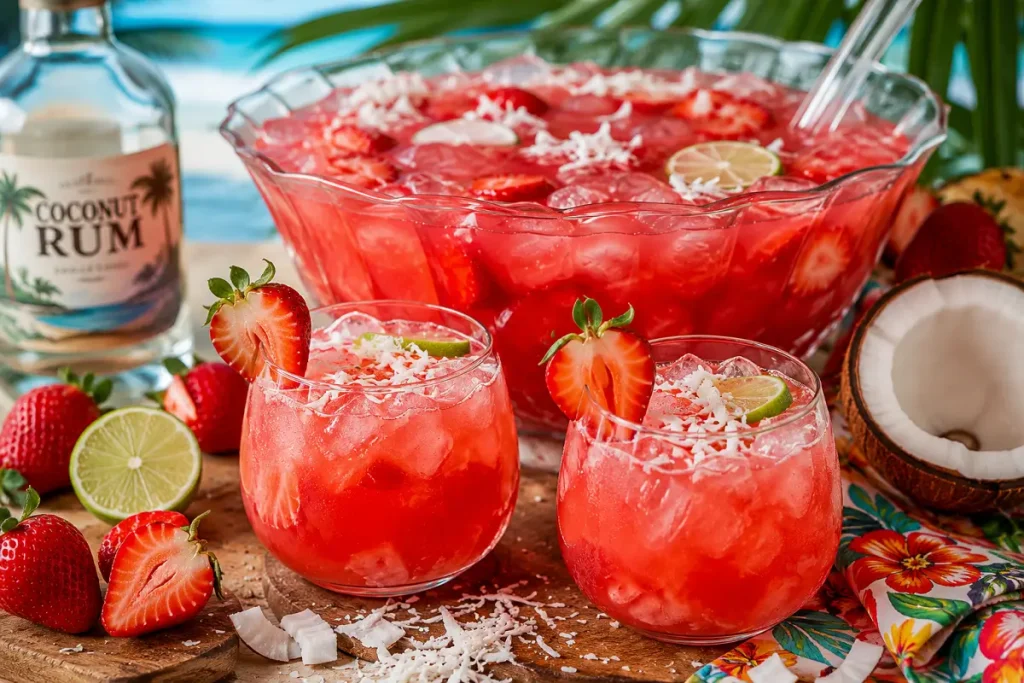 Refreshing strawberry coconut rum punch garnished with fresh tropical fruit