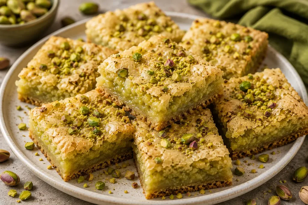Single pistachio nut with shell open showing green kernel — key ingredient in this pistachio gooey butter cake recipe