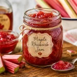Small glass jars filled with ruby-red rhubarb jam on a rustic wooden surface