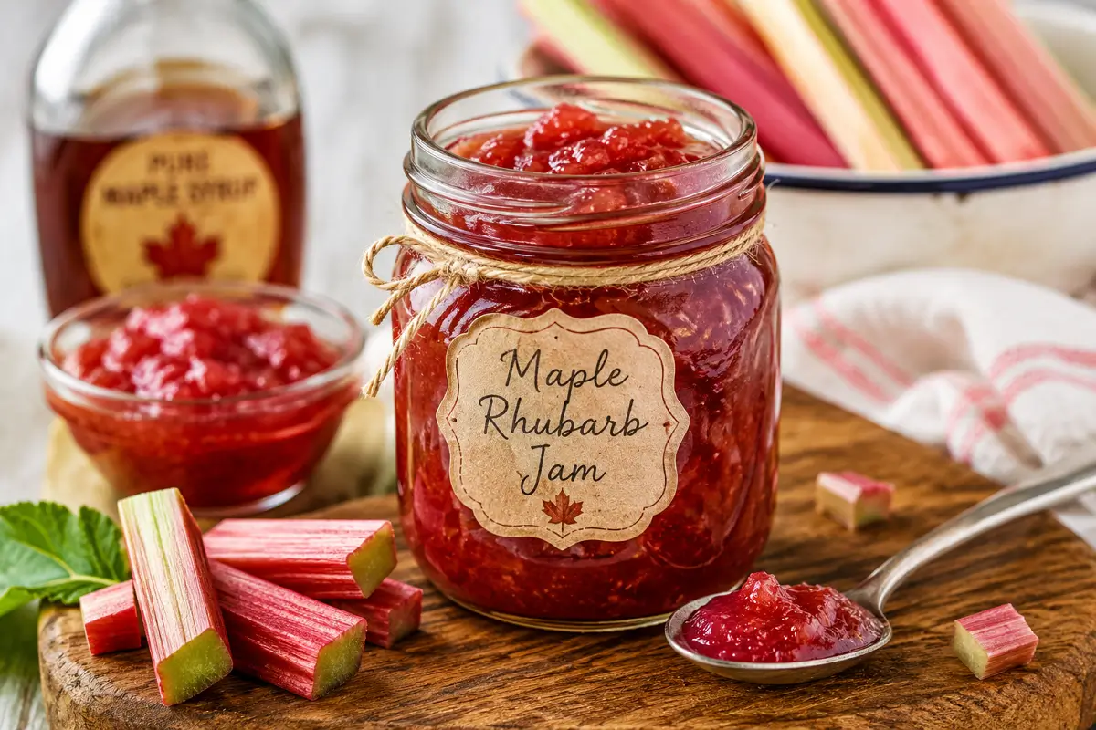 Small glass jars filled with ruby-red rhubarb jam on a rustic wooden surface