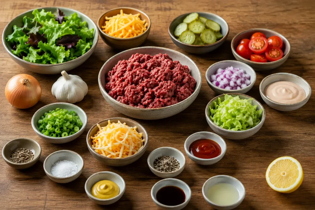 Smash burger salad with crispy beef patties, cherry tomatoes, pickles, and dill dressing in a white bowl