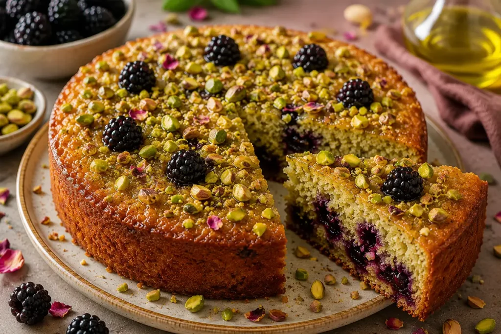 pistachio and blackberry olive oil cake